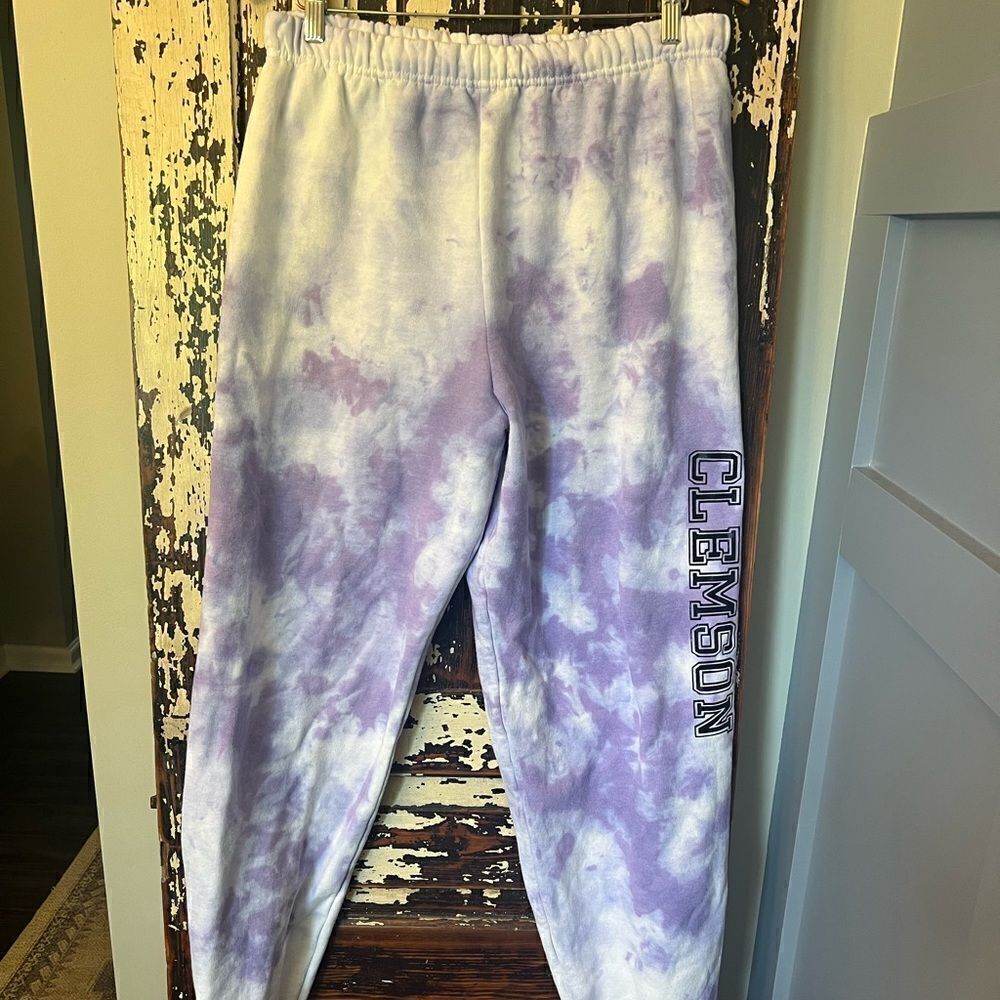 Clemson tie dyed purple jogger  sweatpants. Size L. Comfy. Lounge. Clemson